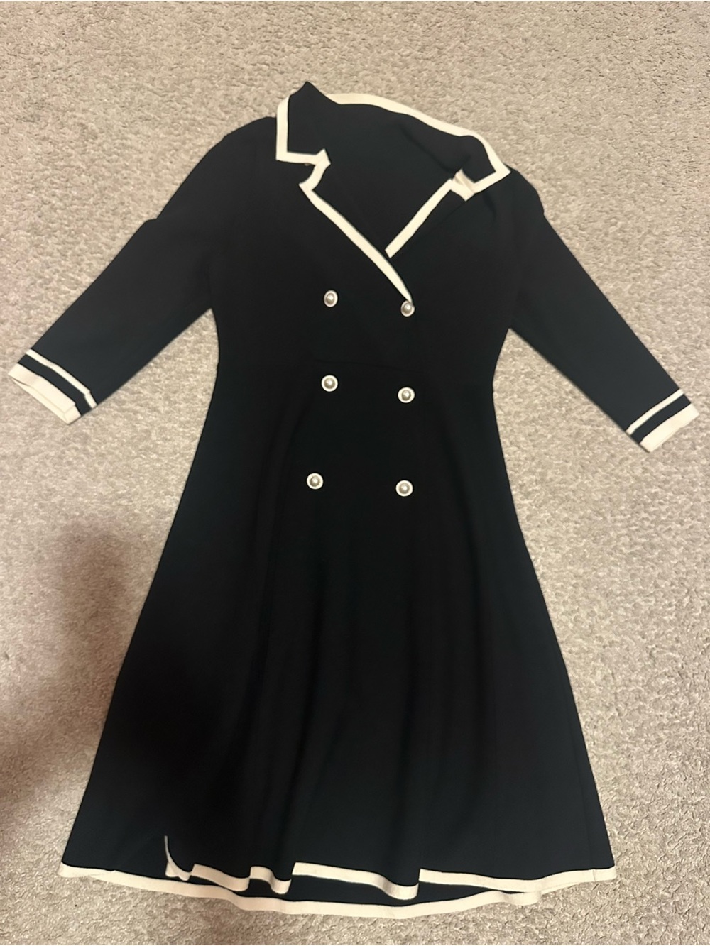 Black Midi Dress with White Trim - Double-Breasted A-Line